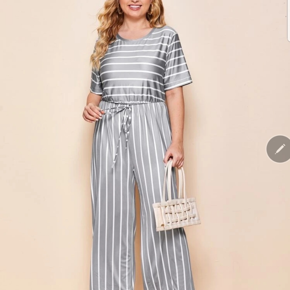 New, Plus Tie Waist Striped Wide Leg Jumpsuit